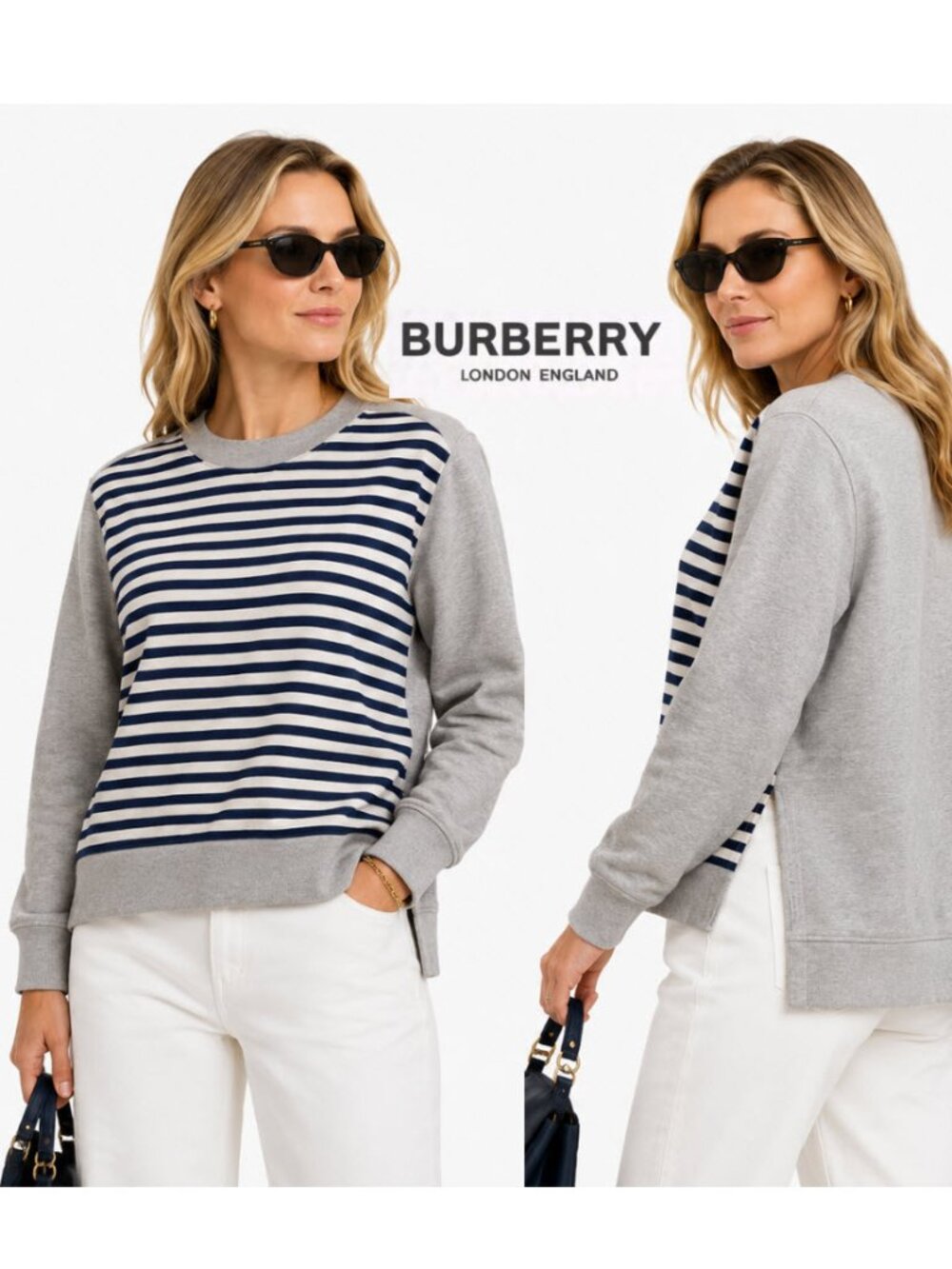 Burberry Stripe Panel Jersey Sweatshirt Medium Grey Blue Preppy